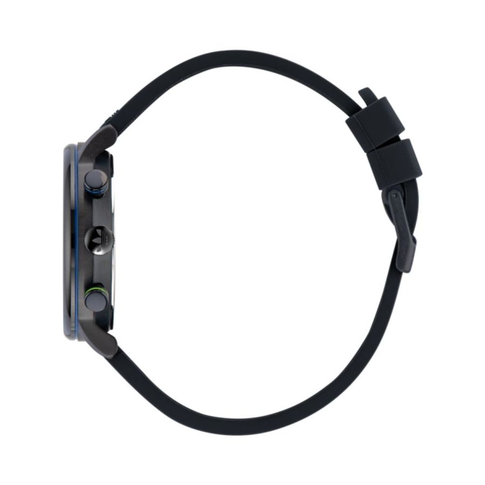 Side view of Adidas Black Synthetic Sport Watch with black silicone strap and stainless steel case.