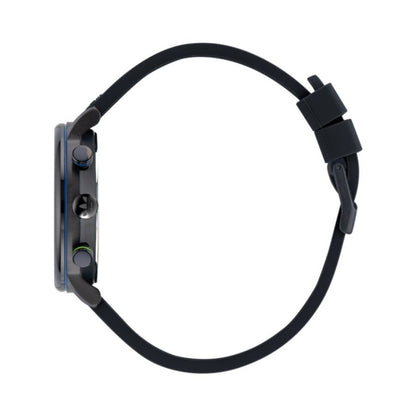 Side view of Adidas Black Synthetic Sport Watch with black silicone strap and stainless steel case.