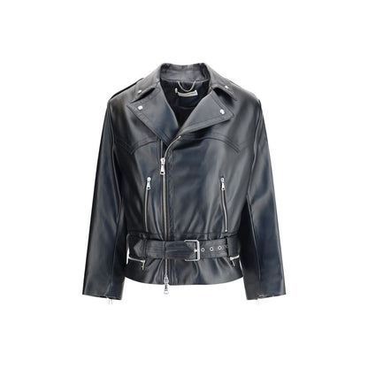 Alessandra Rich Black Leather Biker Jacket with wide lapels, side zipper, and adjustable belt. AW25 collection, 100% leather.