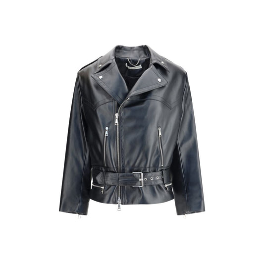 Alessandra Rich Black Leather Biker Jacket with wide lapels, side zipper, and adjustable belt. AW25 collection, 100% leather.