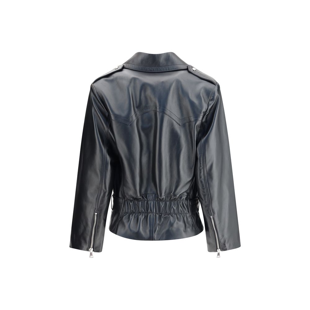 Back view of Alessandra Rich Black Leather Biker Jacket with elasticized waist and wide lapels, AW25 season, 100% leather composition.