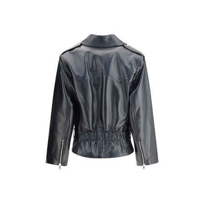 Back view of Alessandra Rich Black Leather Biker Jacket with elasticized waist and wide lapels, AW25 season, 100% leather composition.