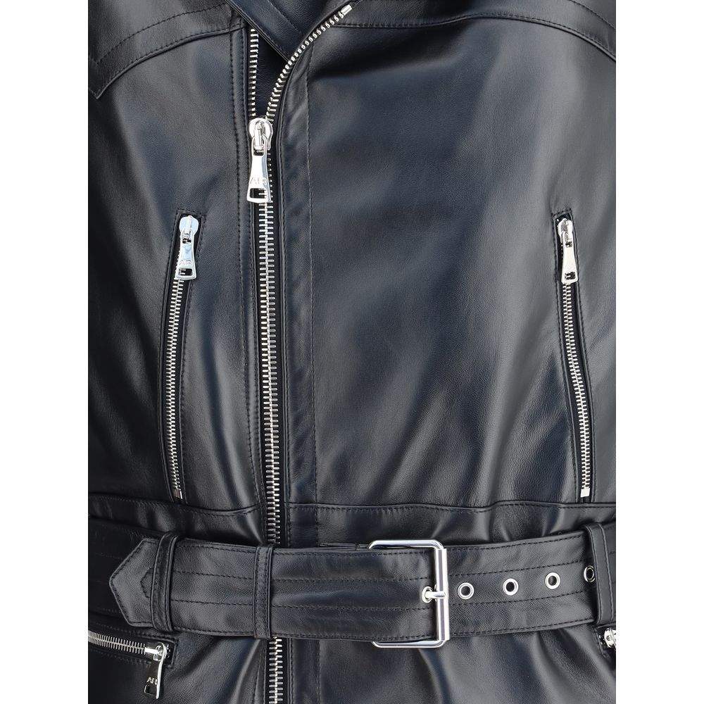 Alessandra Rich Black Leather Biker Jacket with zippered pockets, side zipper closure, and buckle belt details.