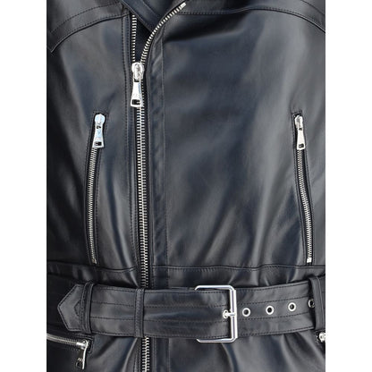 Alessandra Rich Black Leather Biker Jacket with zippered pockets, side zipper closure, and buckle belt details.