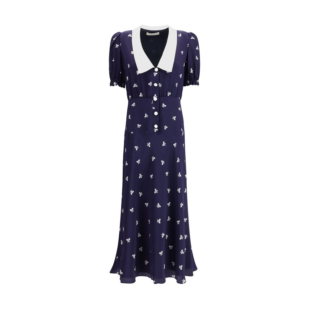 Alessandra Rich Blue Silk Casual Dress with bow pattern, puff sleeves, and wide collar for a vintage-inspired look.