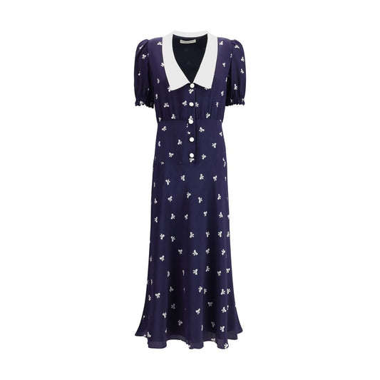 Alessandra Rich Blue Silk Casual Dress with bow pattern, puff sleeves, and wide collar for a vintage-inspired look.