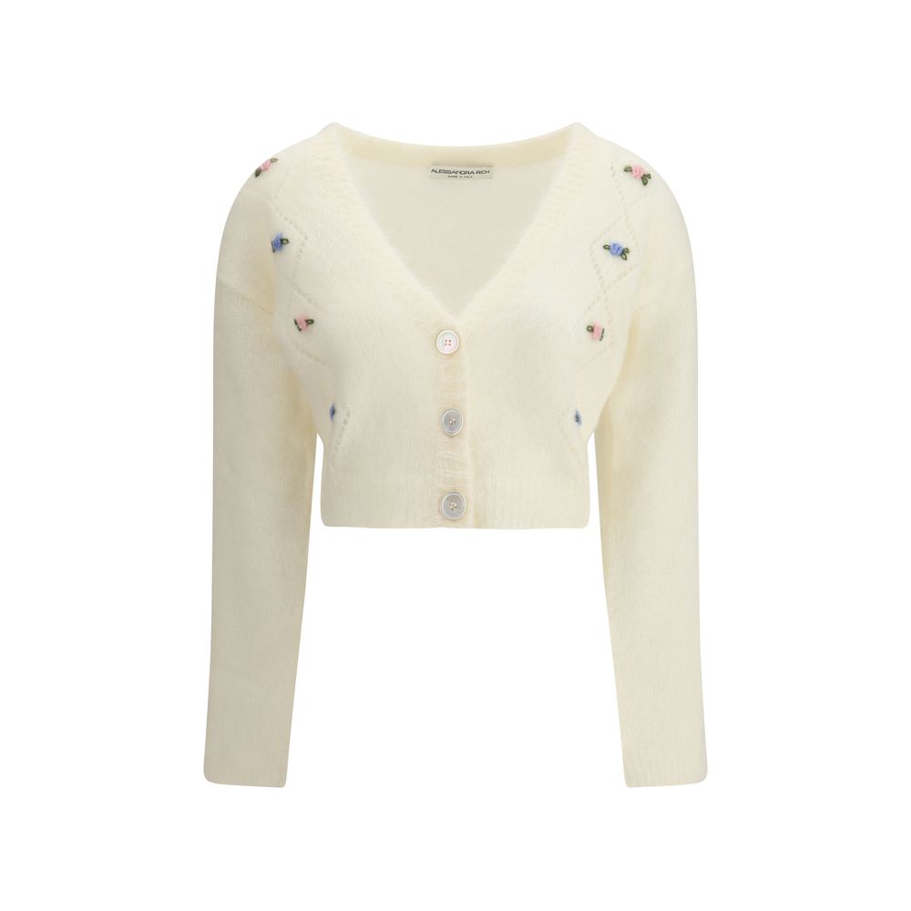 Alessandra Rich White Mohair Cardigan with floral embroidery, V-neckline, and button closure for a sophisticated and feminine look.