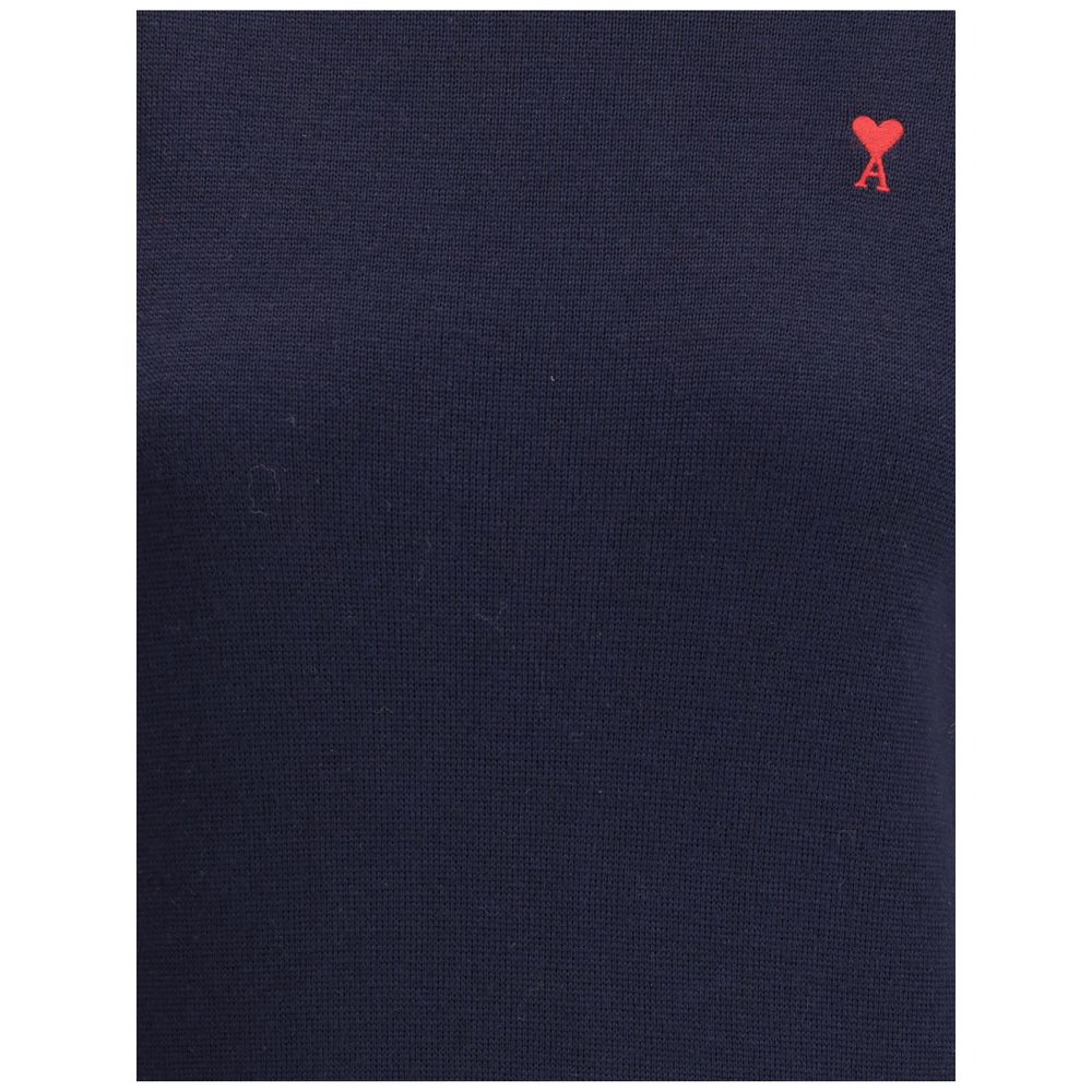 Close-up of Ami Paris Blue Merino Wool Turtleneck featuring ribbed texture and iconic embroidered logo for a stylish look.