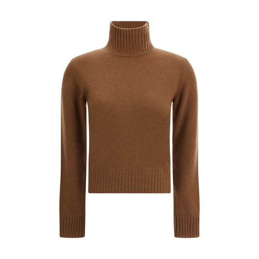 Ami Paris Brown Cashmere Cashmere Sweater with turtleneck and ribbed trim, featuring Ami De Coeur logo, perfect for winter elegance.