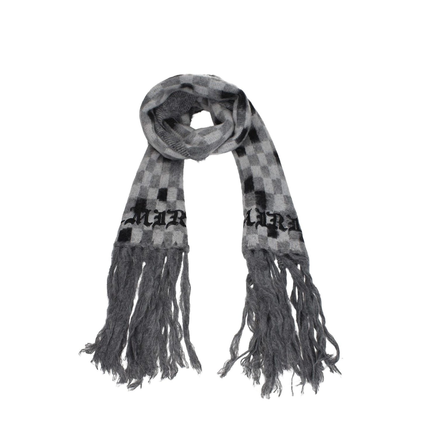 Amiri Gray Modal Scarf with fringes and logo, casual style scarf made from 35% modal, 35% alpaca, 30% polyamide, size 27×230 cm.