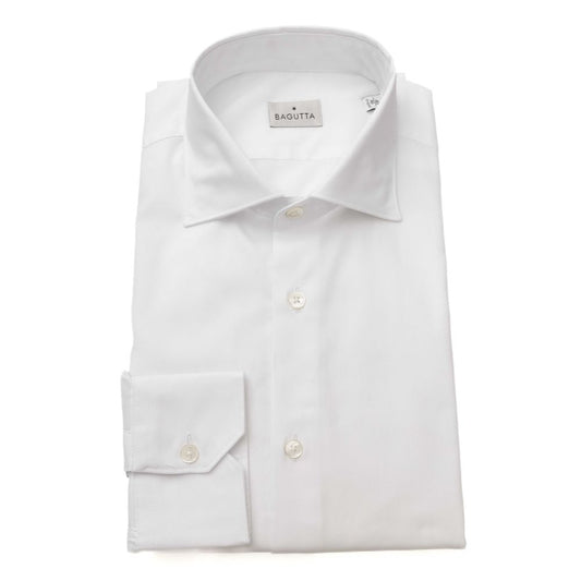 Bagutta White Cotton Top for men, solid color long sleeve shirt with buttons, made from 100% cotton.