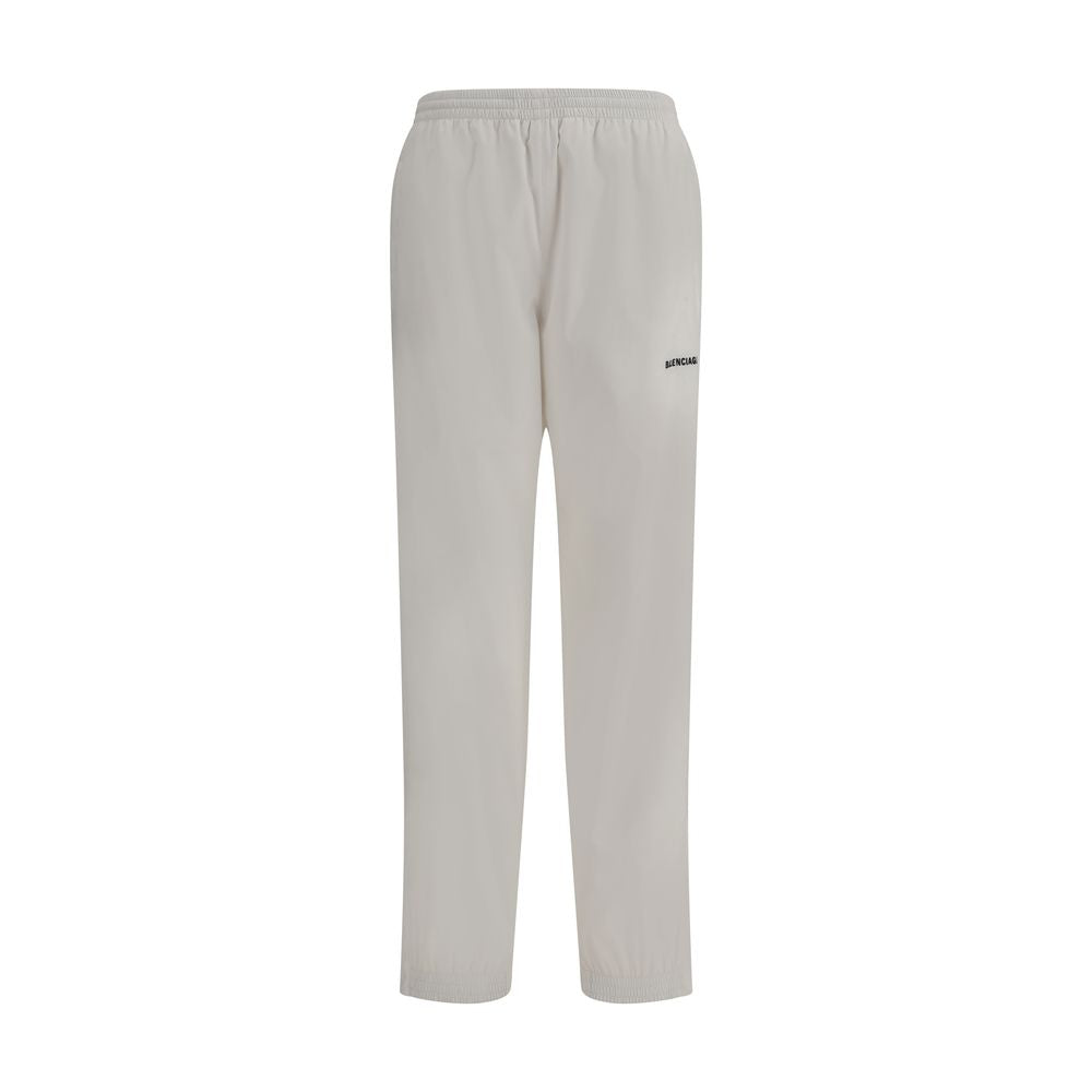 Balenciaga White Polyester Joggers (Workout Pants) with elastic waist and stitched logo, perfect for upscale casual style.