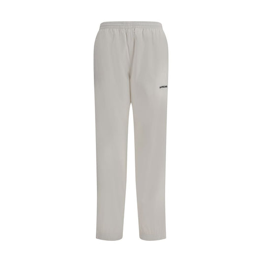 Balenciaga White Polyester Joggers (Workout Pants) with elastic waist and stitched logo, perfect for upscale casual style.