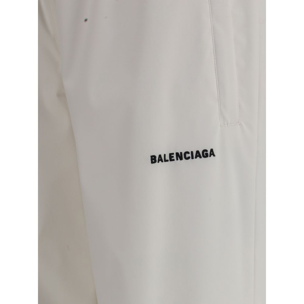 Close-up of Balenciaga White Polyester Joggers (Workout Pants) featuring logo detail.