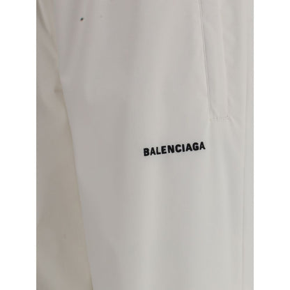 Close-up of Balenciaga White Polyester Joggers (Workout Pants) featuring logo detail.