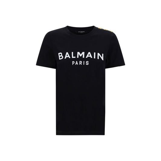 Balmain Black Cotton T-Shirt with iconic monogram and embossed shoulder buttons, featuring ribbed crew neck, elegant style