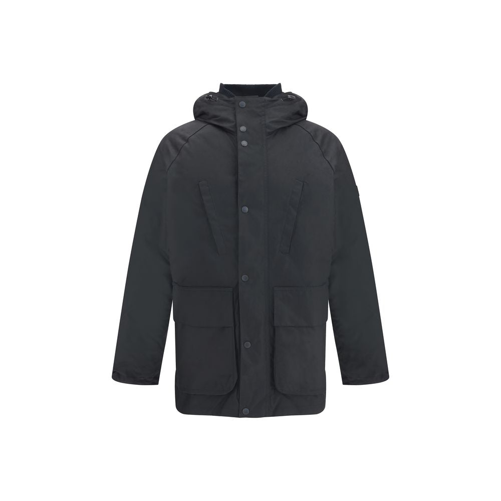 Barbour International Black Cotton Parka with adjustable hood and front pockets, ideal for cold weather.