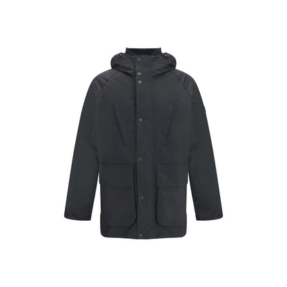 Barbour International Black Cotton Parka with adjustable hood and front pockets, ideal for cold weather.