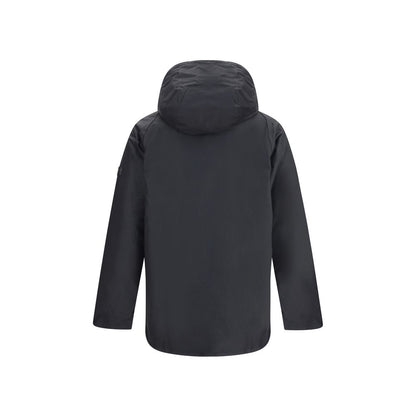 Rear view of Barbour International Black Cotton Parka showcasing adjustable hood and sleek design for a stylish winter outfit.