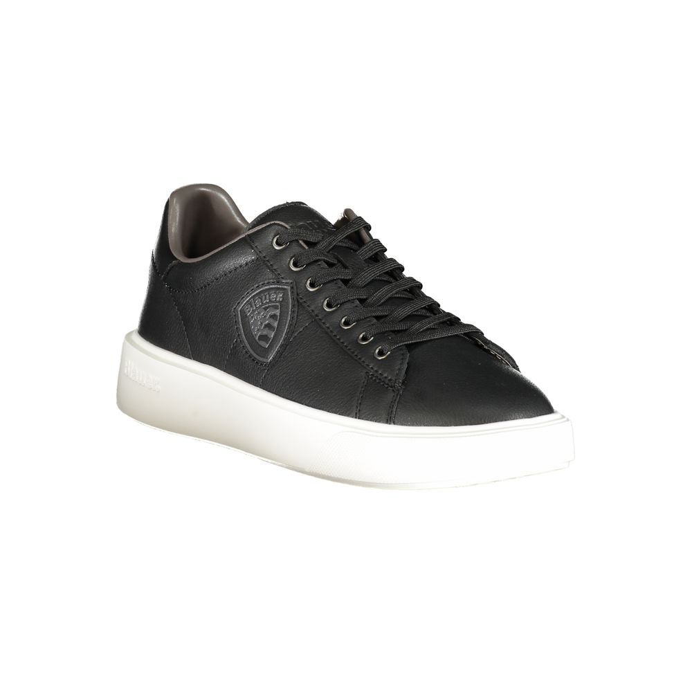 Blauer Black Leather Men Sneaker with white sole, featuring lace-up style and iconic branding.