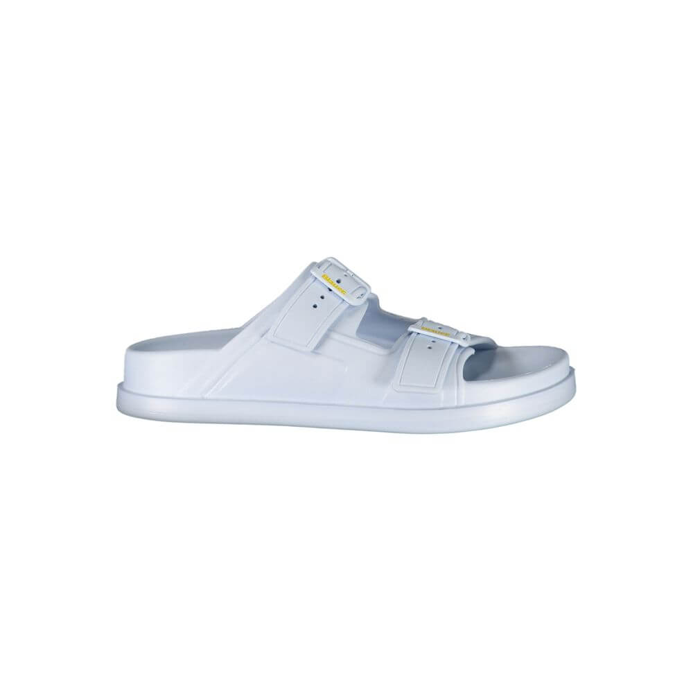 Blauer Blue Polyethylene Women Sandal with adjustable buckles, featuring striking print and logo, side view.