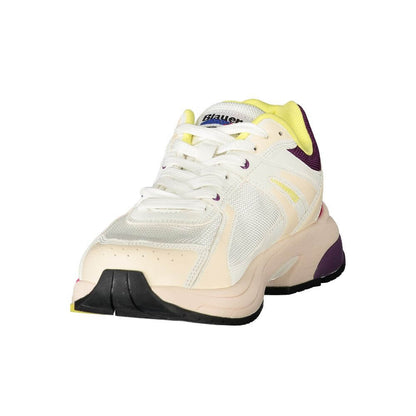 Blauer White Polyester Women Sneaker with bold purple and gold details, featuring customizable laces and a removable insole for comfort.