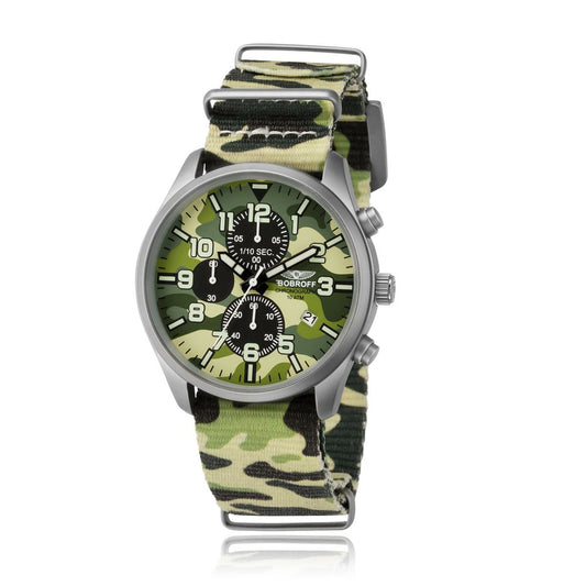 Bobroff Army Nylon Sport Watch with camouflage dial and bracelet, steel case, quartz analog display, mineral glass, 10ATM water resistance.
