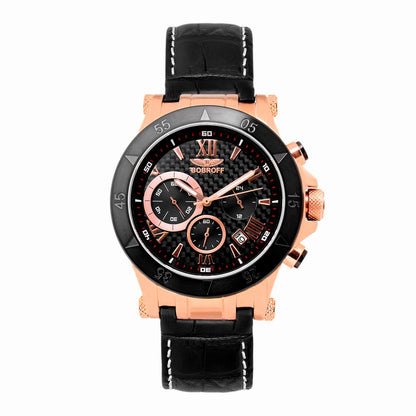 Bobroff Black Leather Dress Watch with black steel case, carbon fiber dial, and sapphire glass, featuring a black leather strap with buckle closure.