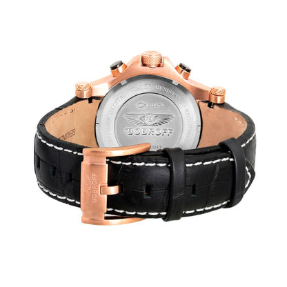 Back view of Bobroff Black Leather Dress Watch with black leather strap, steel case, and rose gold buckle.