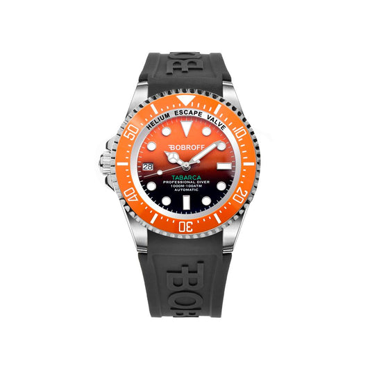 Bobroff Black Rubber Sport Watch with orange dial, stainless steel case, and automatic mechanism from Tabarca collection.