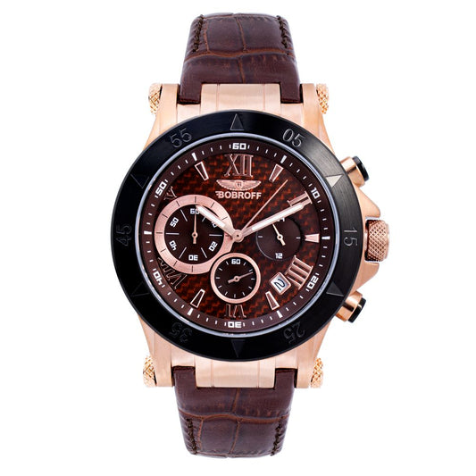 Bobroff Brown Leather Dress Watch with black steel case, brown dial, leather bracelet, and sapphire glass, quartz mechanism.