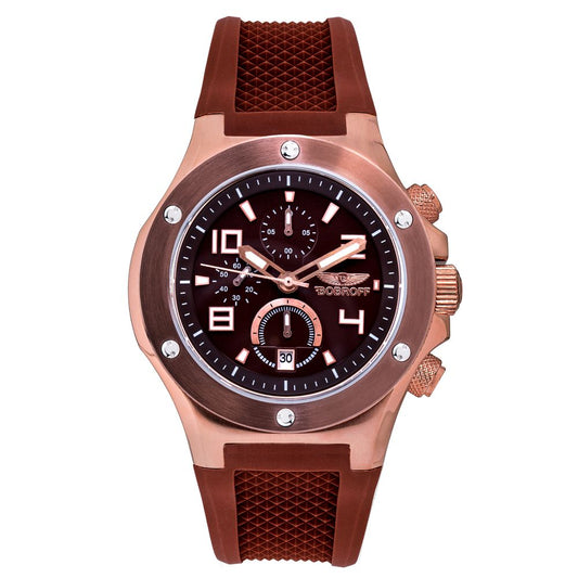 Bobroff Brown Rubber Dress Watch with black steel case, brown rubber strap, and sapphire glass, featuring a quartz analog display.