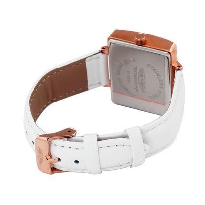 Back view of Bobroff White Leather Dress Watch with bronze steel case and butterfly closure.
