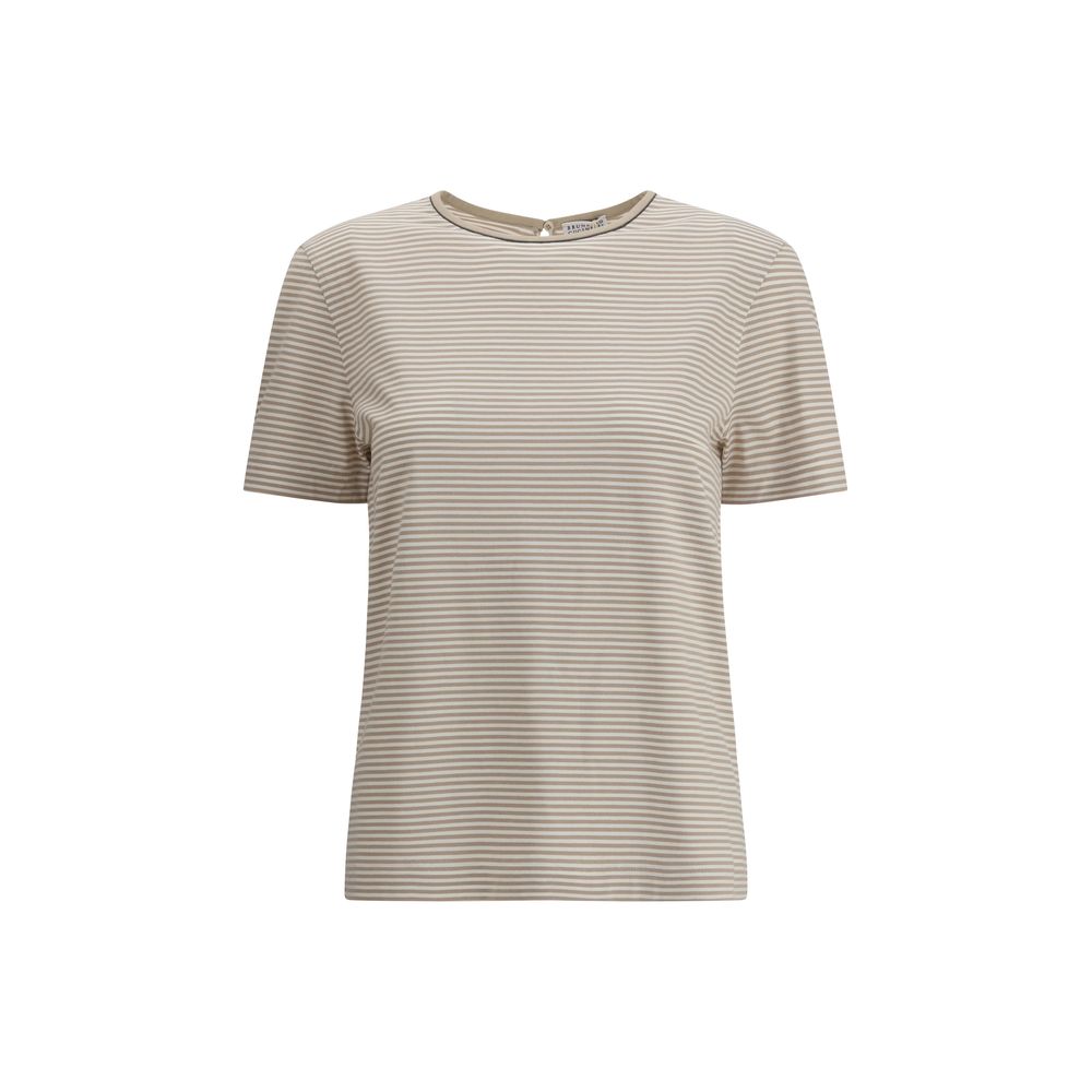Brunello Cucinelli Beige Cotton T-Shirt with stripes, crew neck, and buttoned drop opening, 100% cotton, AW25 season, regular fit.