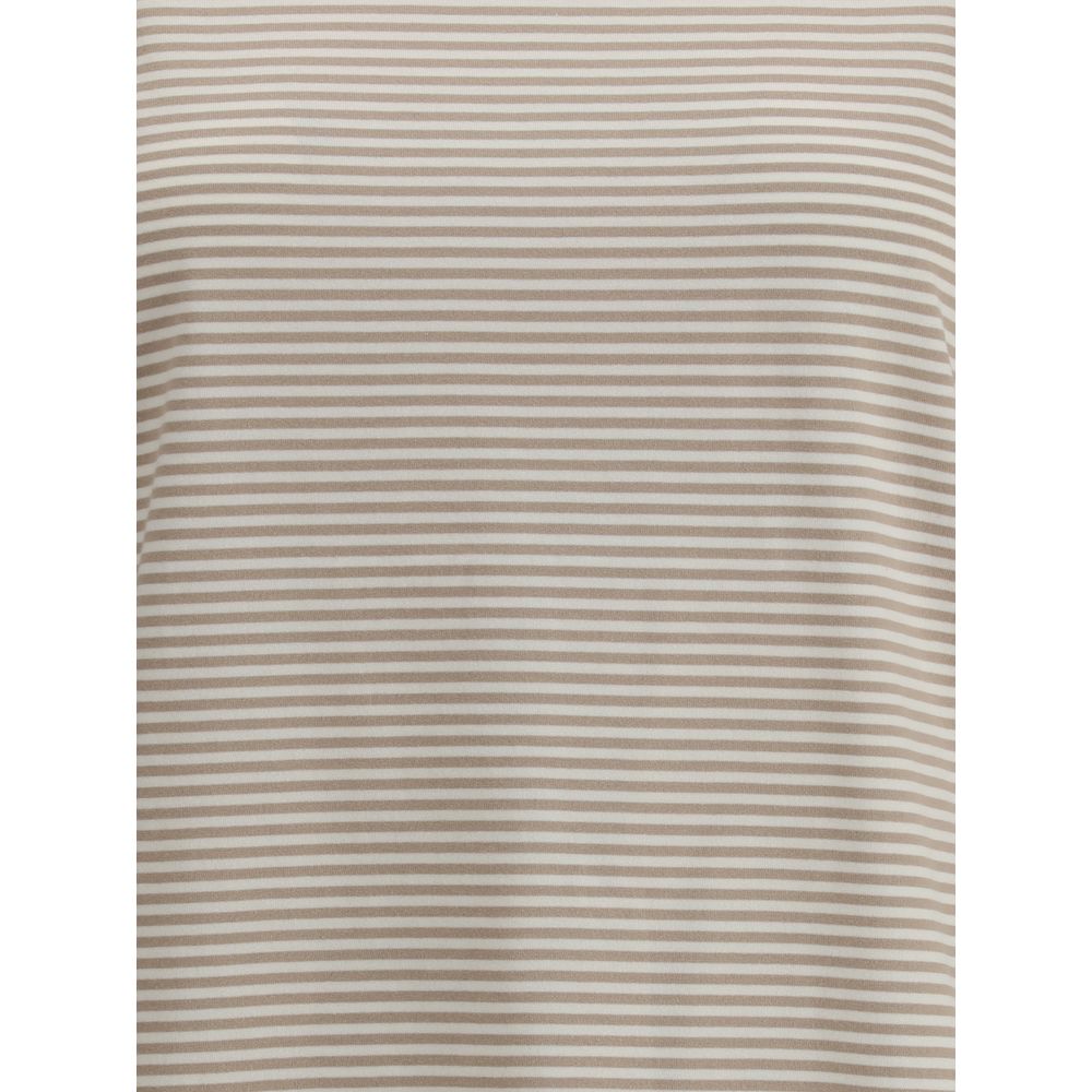 Brunello Cucinelli Beige Cotton T-Shirt with stripes, featuring a crew neck and buttoned drop opening for an elegant and refined look.
