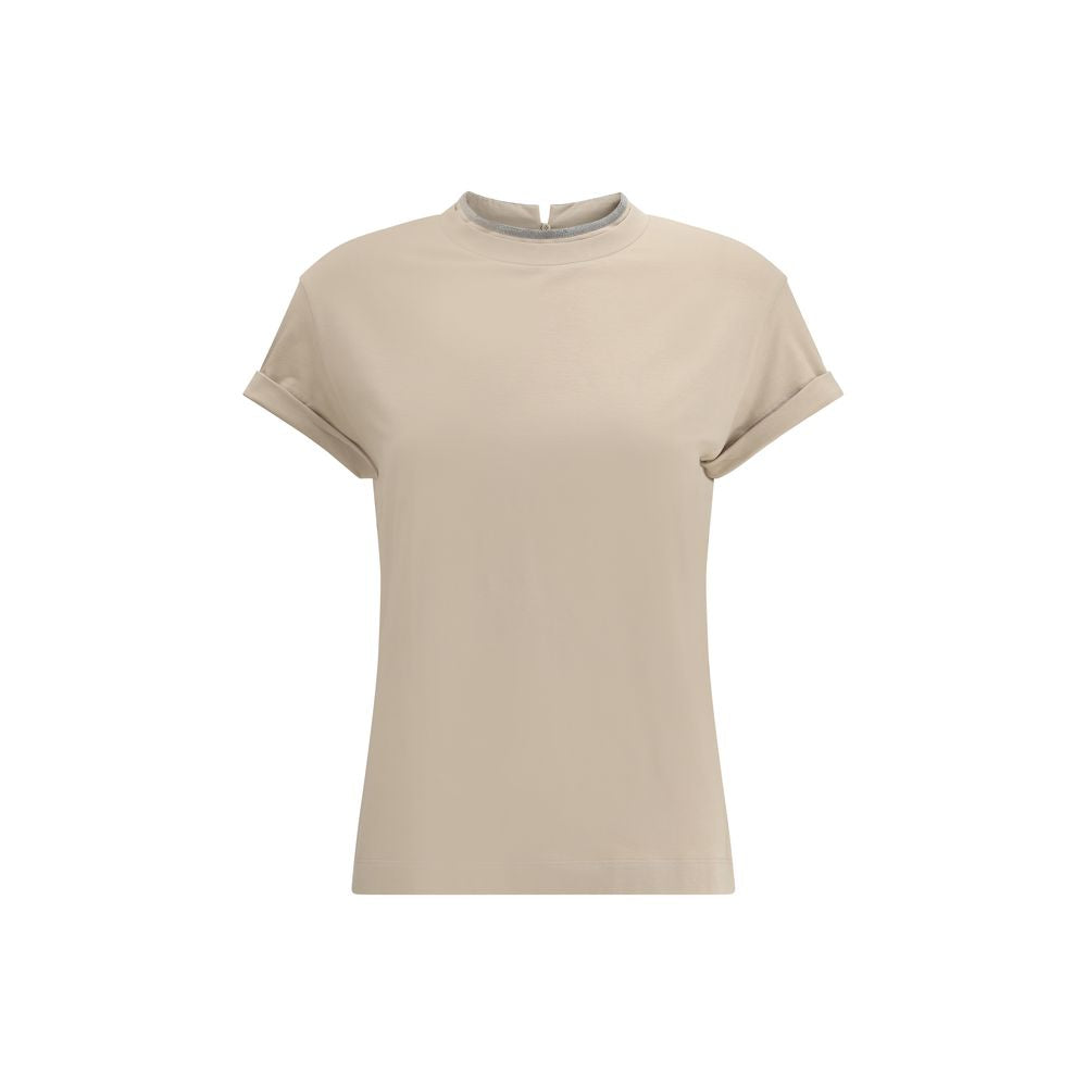 Brunello Cucinelli Beige Elastane T-Shirt, crewneck, jeweled detail, keyhole back, regular fit, 93% cotton, 7% elastane.