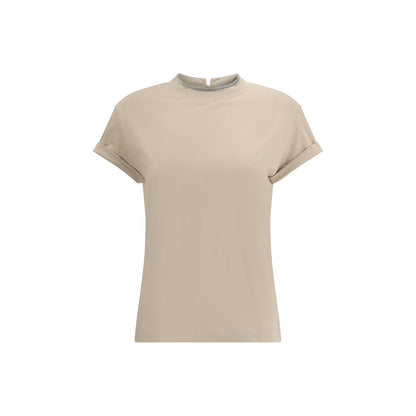 Brunello Cucinelli Beige Elastane T-Shirt, crewneck, jeweled detail, keyhole back, regular fit, 93% cotton, 7% elastane.