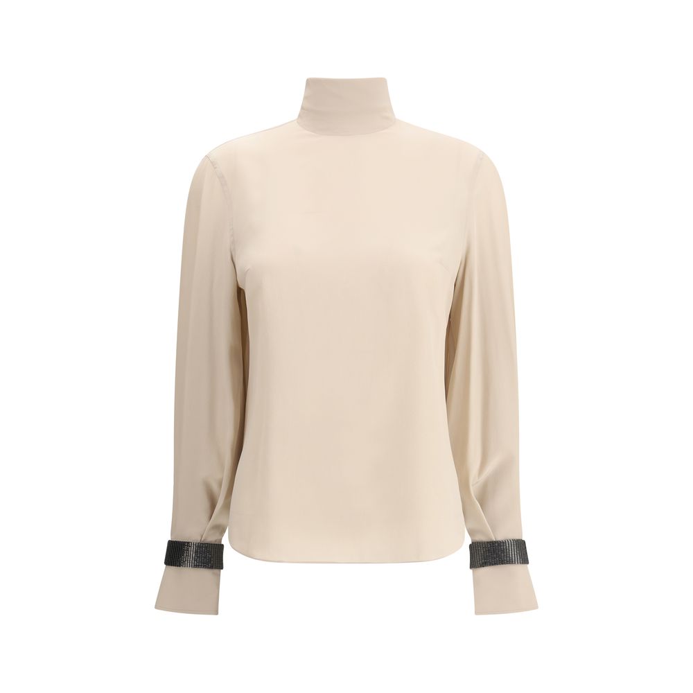 Brunello Cucinelli Beige Silk Blouse with high neck and jeweled decoration, elegant piece for refined and feminine looks.