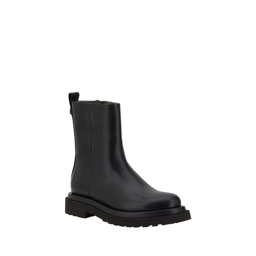 Brunello Cucinelli Black Calf Leather Bos Taurus Ankle Boots with block heel and round toe for comfort and style