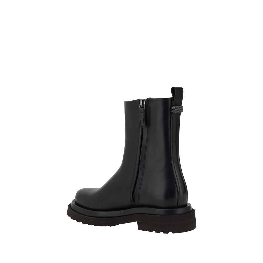 Brunello Cucinelli Black Calf Leather Bos Taurus Ankle Boots with polished design and block heel