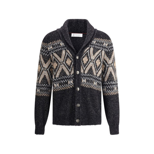 Brunello Cucinelli Black Fleece Wool Sweatshirt with diamond-patterned knit design and shawl lapel.