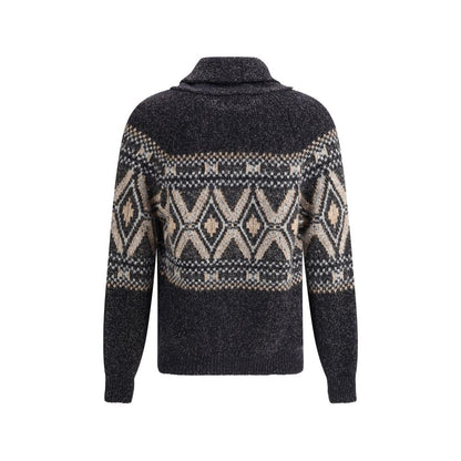 Back view of Brunello Cucinelli Black Fleece Wool Sweatshirt with diamond-patterned knit and ribbed cuffs.