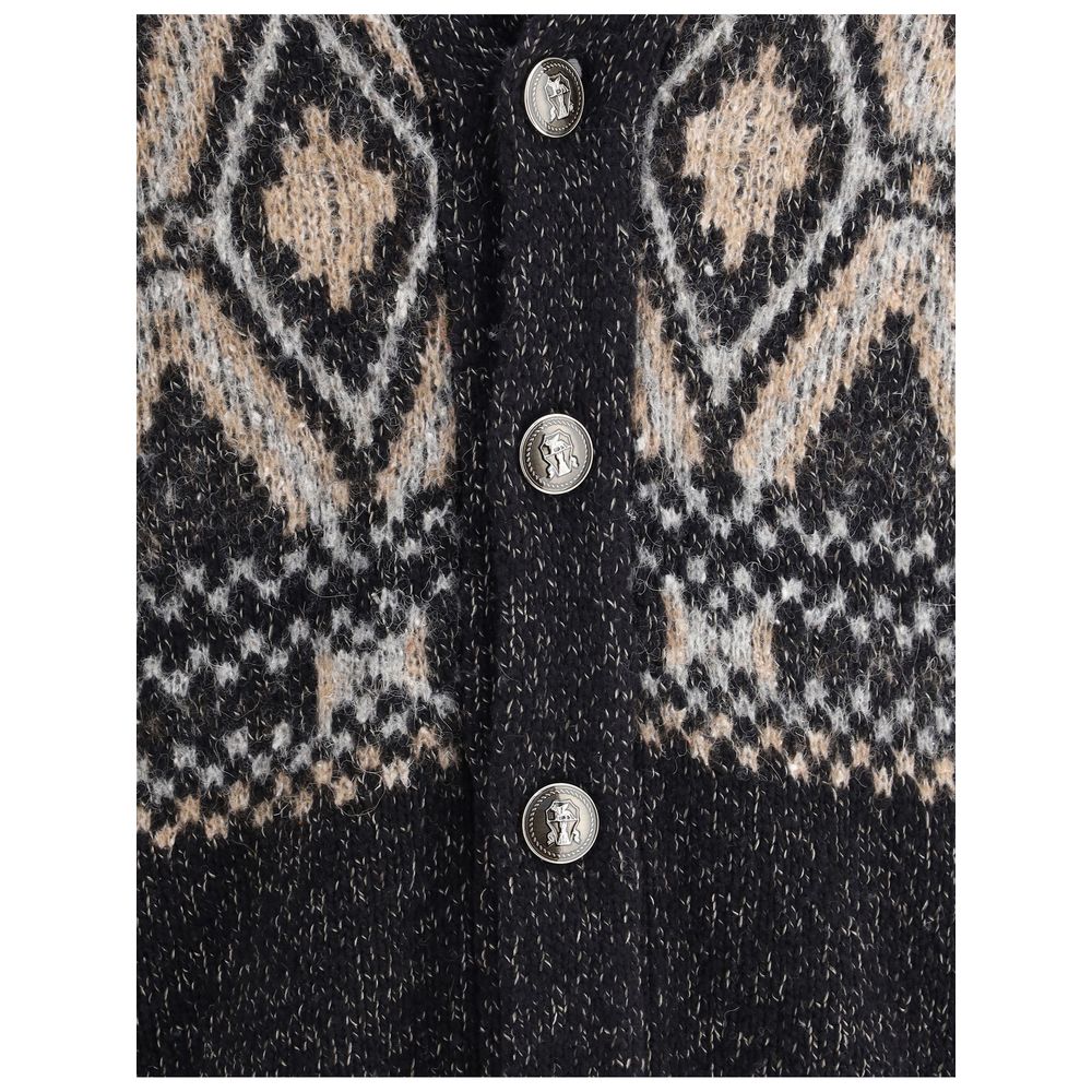 Close-up of Brunello Cucinelli Black Fleece Wool Sweatshirt with diamond-patterned knit and grooved button details.