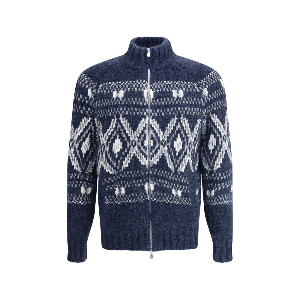 Brunello Cucinelli Blue Alpaca Vicugna Pacos Cardigan with geometric design, high collar, and double-slider zipper for a modern look.