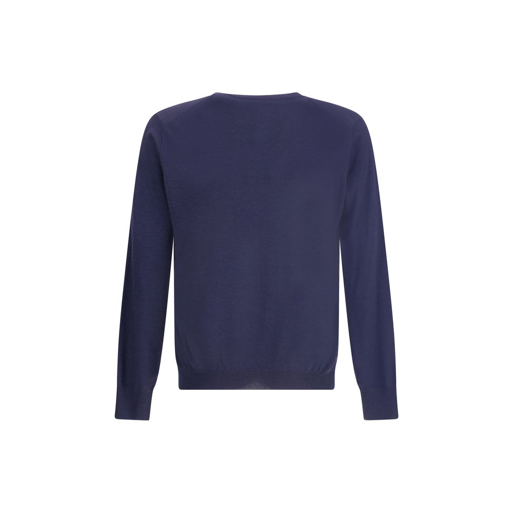 Back view of Brunello Cucinelli Blue Cashmere Cashmere Sweater showcasing ribbed hem and monochrome design.