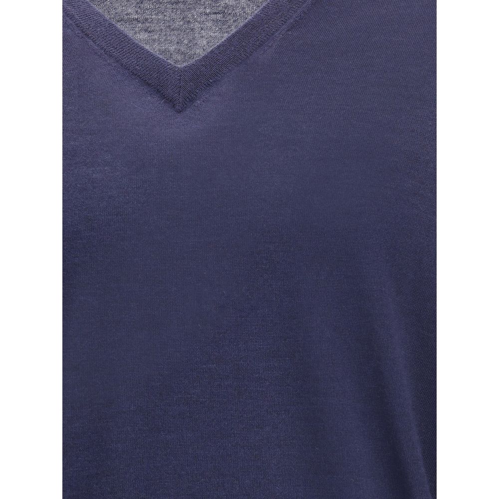 Brunello Cucinelli Blue Cashmere Cashmere Sweater with ribbed V-neck and monochrome design, showcasing luxury wool craftsmanship.