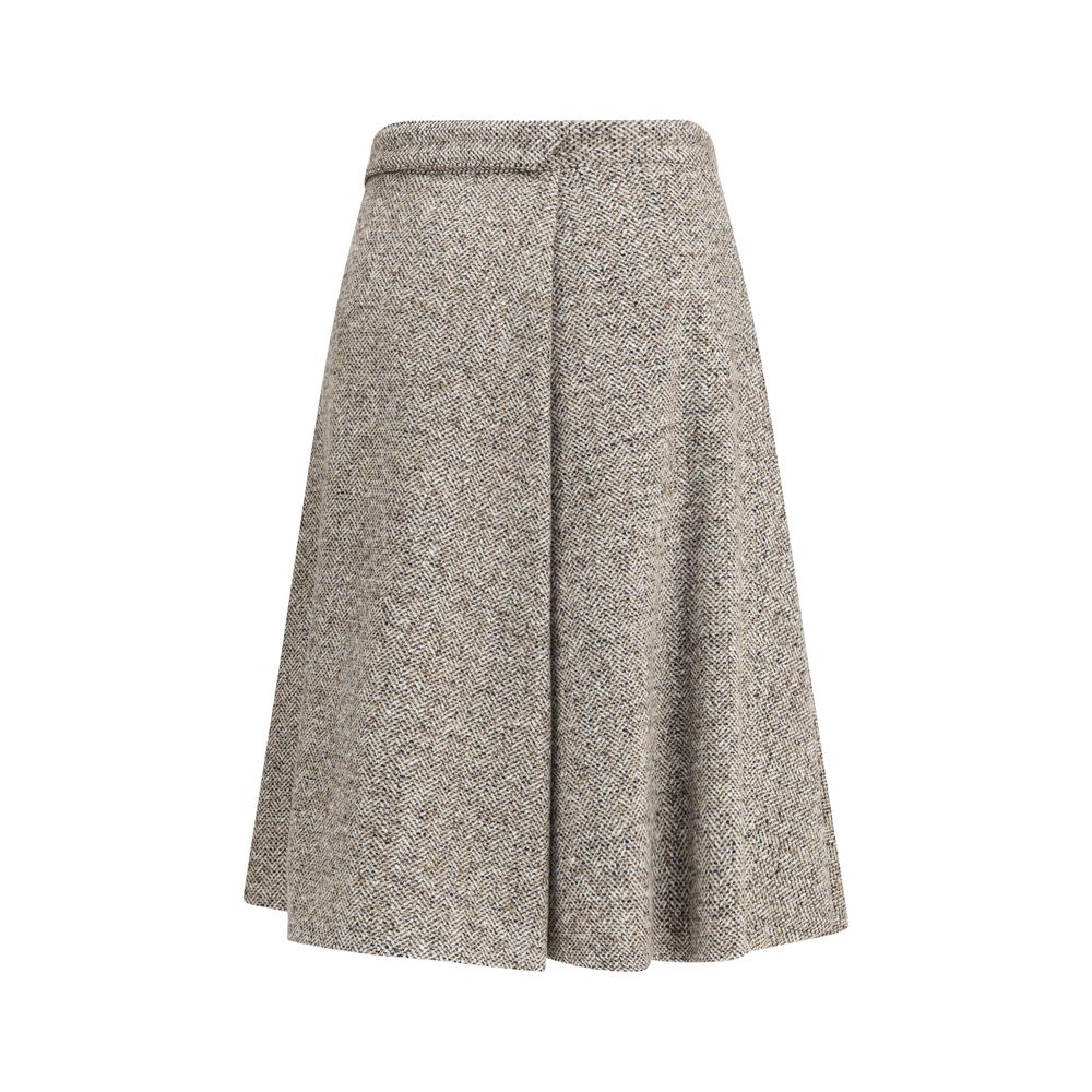Brunello Cucinelli Brown Fleece Wool Midi Skirt with buckled belt and pleats for sophisticated elegance.