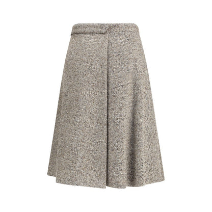 Brunello Cucinelli Brown Fleece Wool Midi Skirt with buckled belt and pleats for sophisticated elegance.