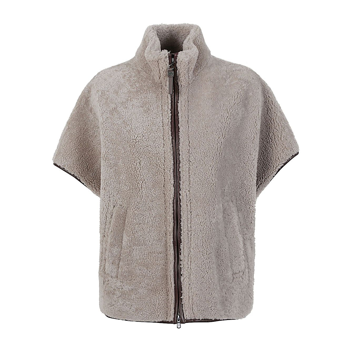 Brunello Cucinelli Curly Shearling Short Sleeve Outerwear with Shiny Zipper Pull