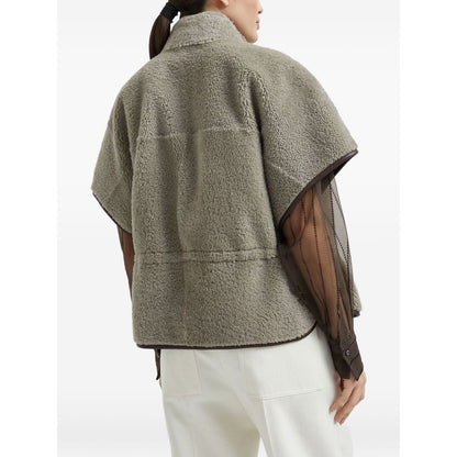 Brunello Cucinelli Curly Shearling Short Sleeve Outerwear with Shiny Zipper Pull